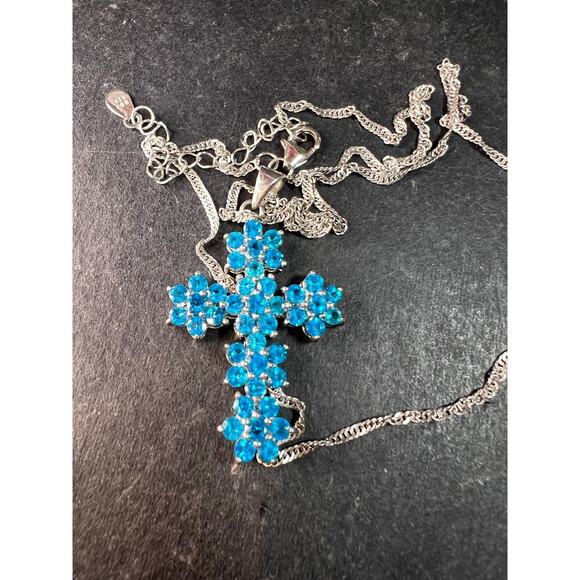 BBJ Jewelry - Neon Blue Apatite Rhodium Over Sterling Silver Cross Pendant With Chain 3.25ctw